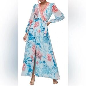 White House Black Market Coral Stripe Scuba Blue Dramatic Maxi Dress NWT